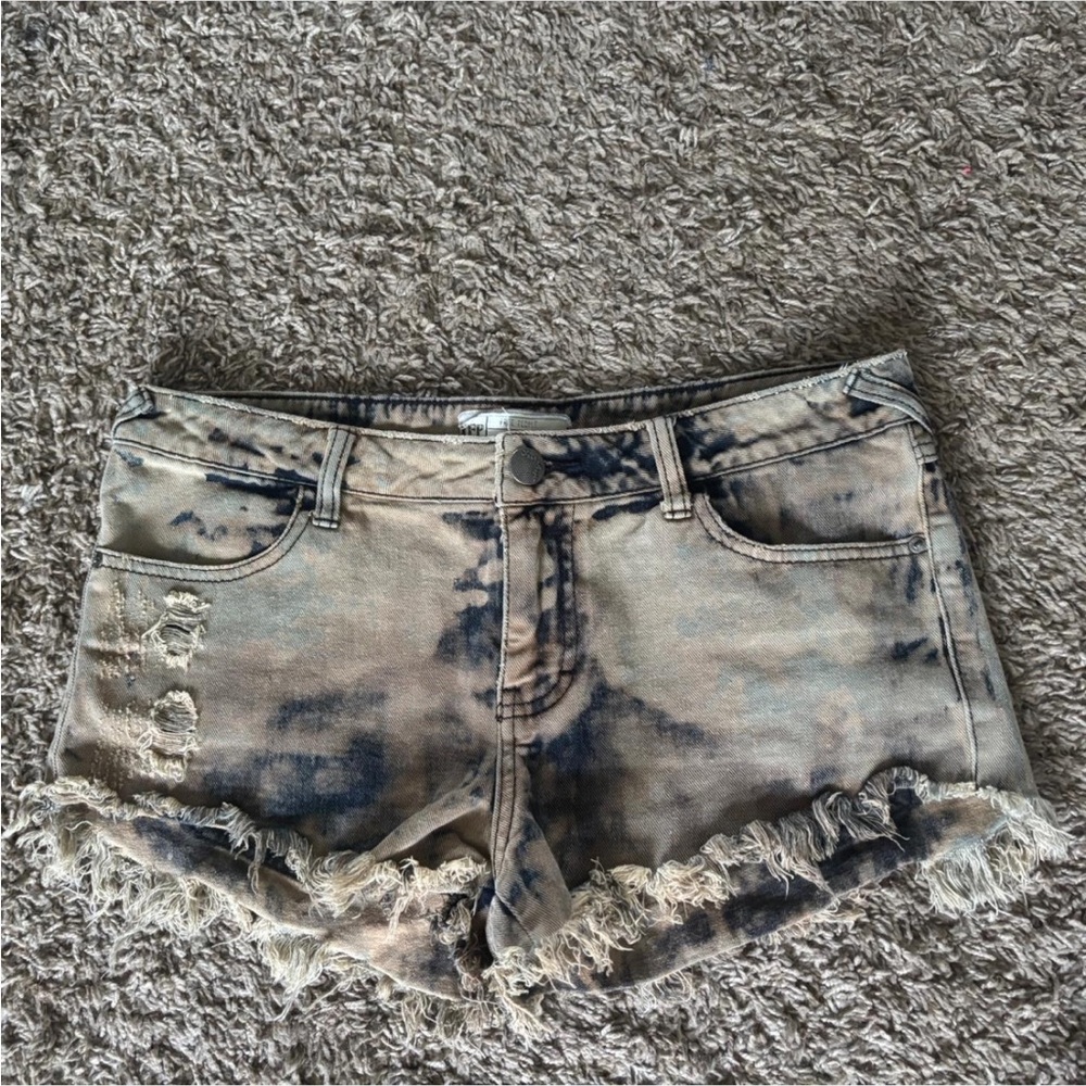 Free People Black and Tan Jean Shorts Distressed Style